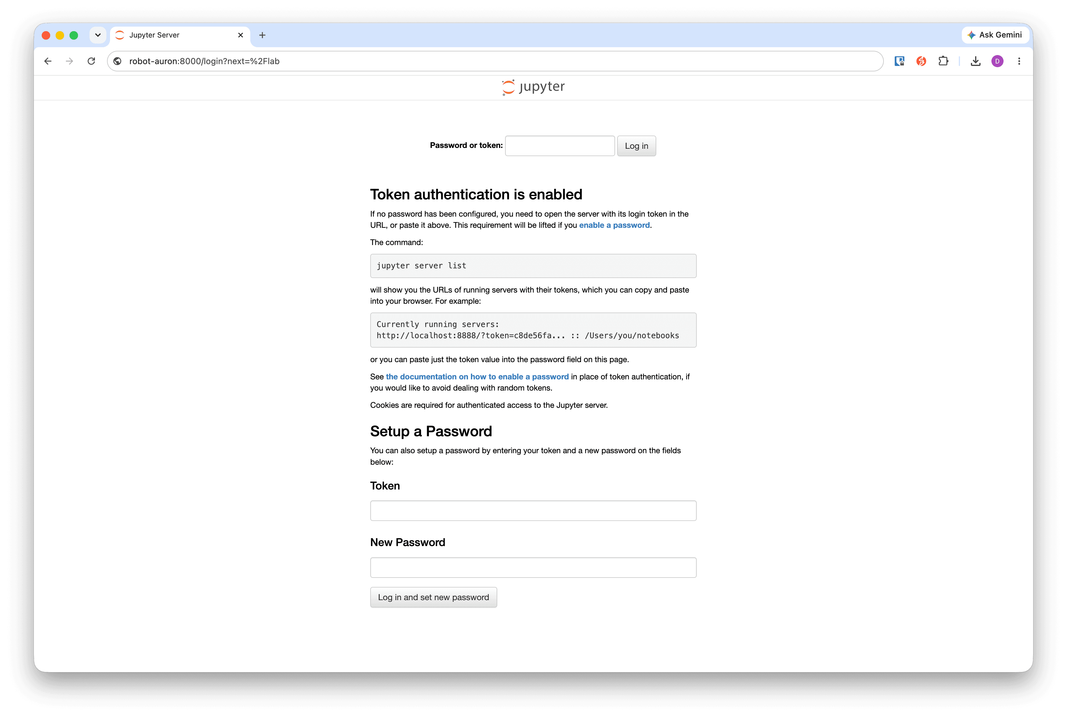 Jupyter Server login page at robot-auron:8000 asking for a token.